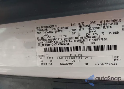 2020 Ford Transit-250 z USA, uszkodzony, nr VIN 1FTBR1C80LKB26065